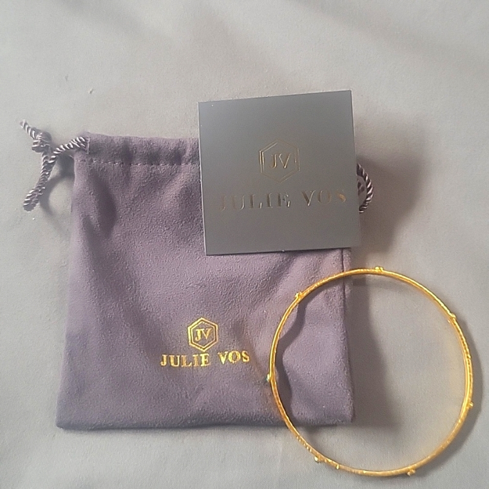 JulieVos Blue CZ station Gold tone Bangle with Sleeper Bag 2.78" across